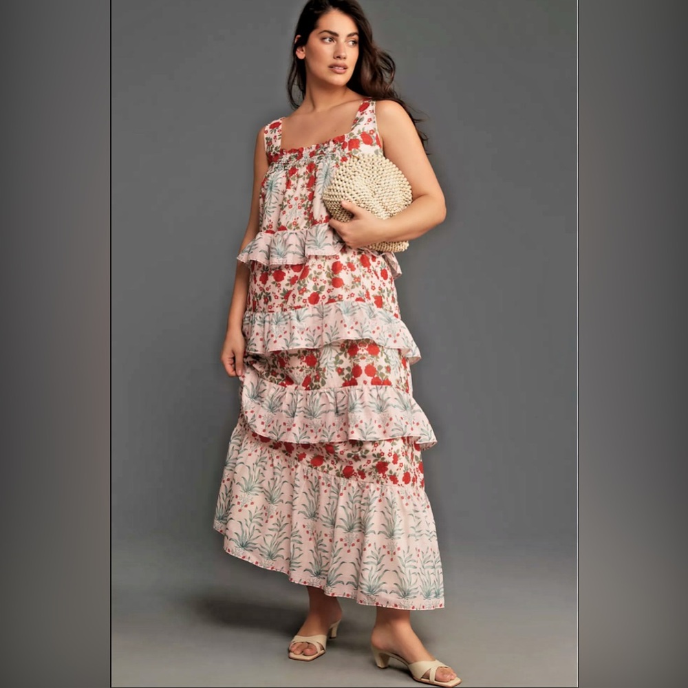 Anthropologie Sleeveless Square-Neck Tiered Midi Dress size Small